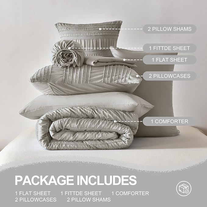 Grey Tufted Comforter Set King Size 7 Piece Bed in a Bag,Shabby Chic Boho Bedding for Bedroom Comforter,All Season Soft Microfiber Ruffle Comforter Set with Pillow and Sheets