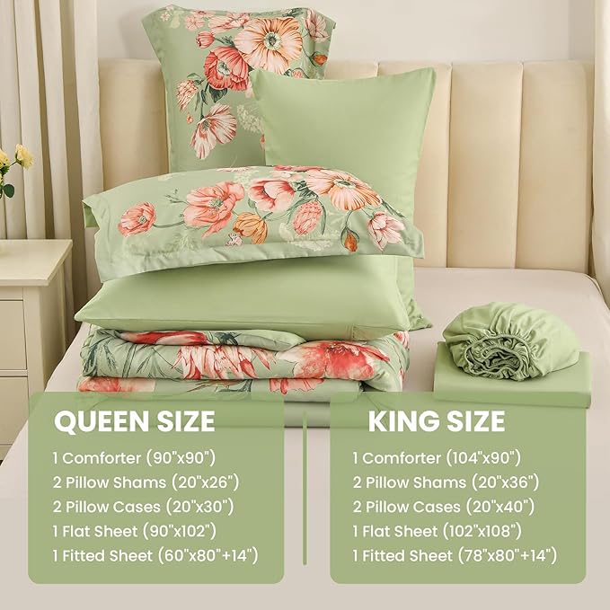 Queen Comforter Set - 7 Pieces Bed in a Bag Green Floral Queen Comforter Set with Sheets, Soft Microfiber Flower Complete Bedding Set for All Seasons(Green,90"x90")