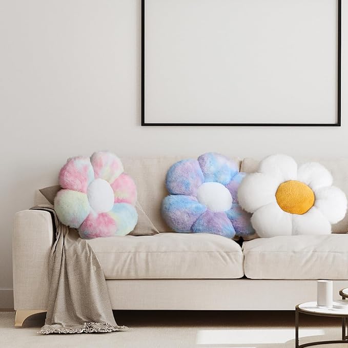 Sratte 3 Pcs Flower Pillows Flower Shaped Throw Pillows Cute Daisy Plush Pillow Decorative Floor Pillow Seat Cushion for Bedroom Home Sofa Chair Couch Decor(Dazzling Color,White,16")