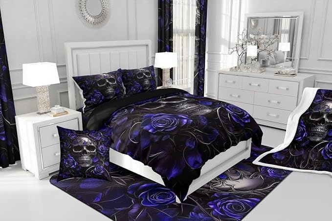 Erosebridal Gothic Skull Bedding Set for Adluts Kids Teens Halloween Goth Twin Comforter Set Vintage Victorian Romantic Navy Blue Rose Floral Quilt Spooky Skeleton Boho Horror Bedding,Gothic Decor