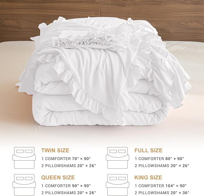 Masaca Ruffle Twin Comforter,Shabby Boho Chic Netural White Ruffled Comforter Set 3 Pieces Farmhouse Rustic French Country Kids Twin Bedding Sets Ultra Soft