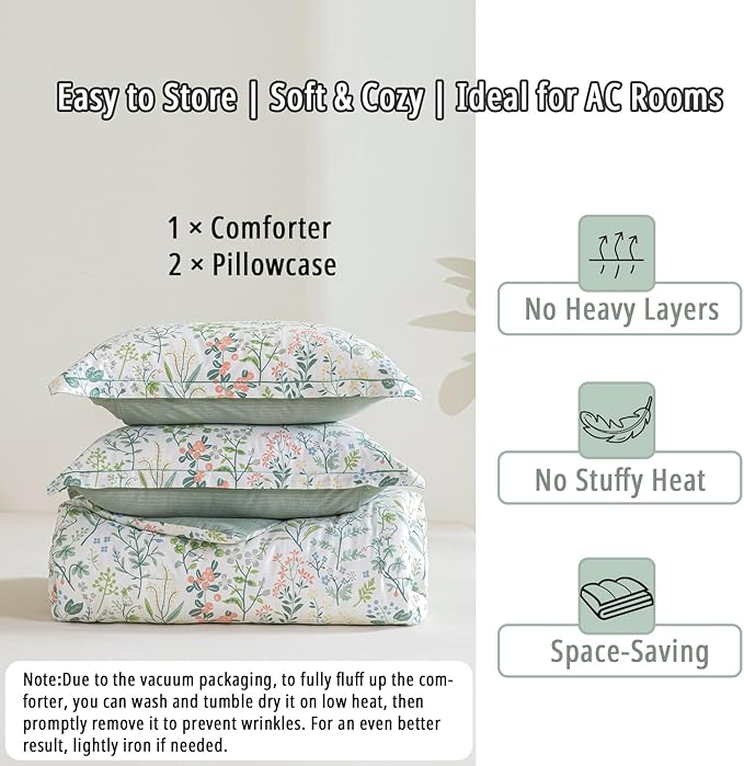 Floral Cotton Comforter Queen Size - Botanical Wildflower Pattern with Soft Pestel Accents on White, Textured Dusty Green Back, 3PC Lightweight Bedding Set with Down Alternative Fill(90"×90")