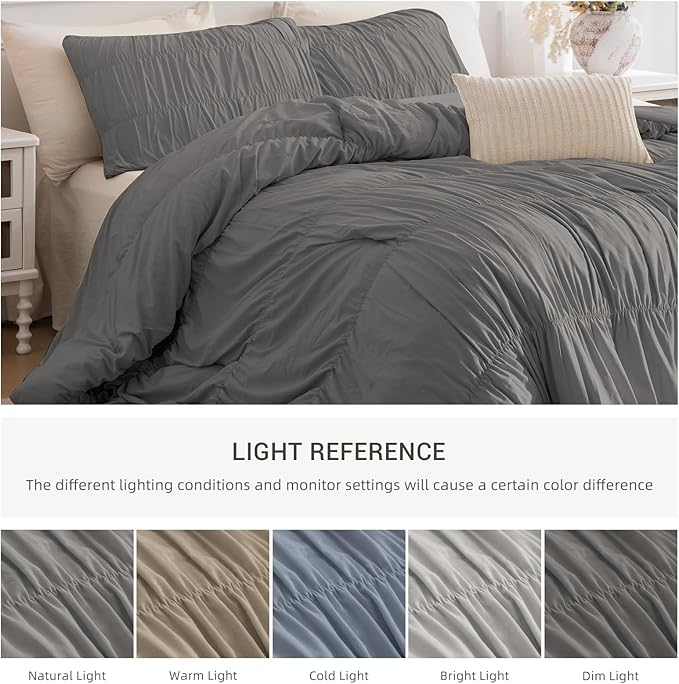 Lady Ann Gray Ruched Comforters Oversized King Size 120x120 Bedding Comforter Sets for Bedroom, 3 Piece Fluffy Boho Bedroom Set with Pillow Shams Soft All Season Bed Sets