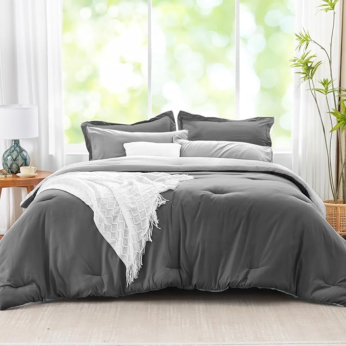 Gray Comforter Set, 7 Pieces Soft Bed in a Bag - Reversible Bedding Set with Comforter, Sheets, Pillowcases & Shams - All Seasons Boho Bed Set