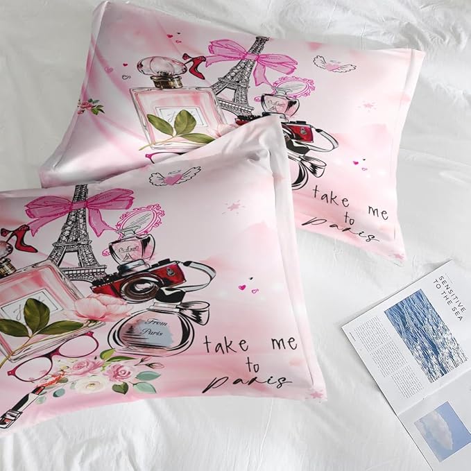 Comforter Set Twin Size, Paris Teen Girls 5 Pcs Pink Bedding for Kids and Adults, Cute Makeup Perfume Bed Sheet Sets with Fitted Sheet Pillowcase & Sham for Bedroom Bed Decor