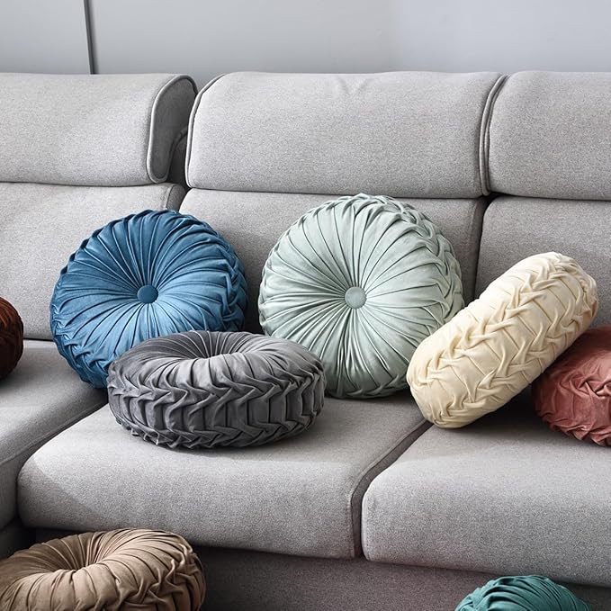 Round Throw Pillow Velvet 1 Pcs 14.17" Home Decoration Pleated 3D Pumpkin Pillow Cushion for Couch Chair Bed Car (Mint Green)
