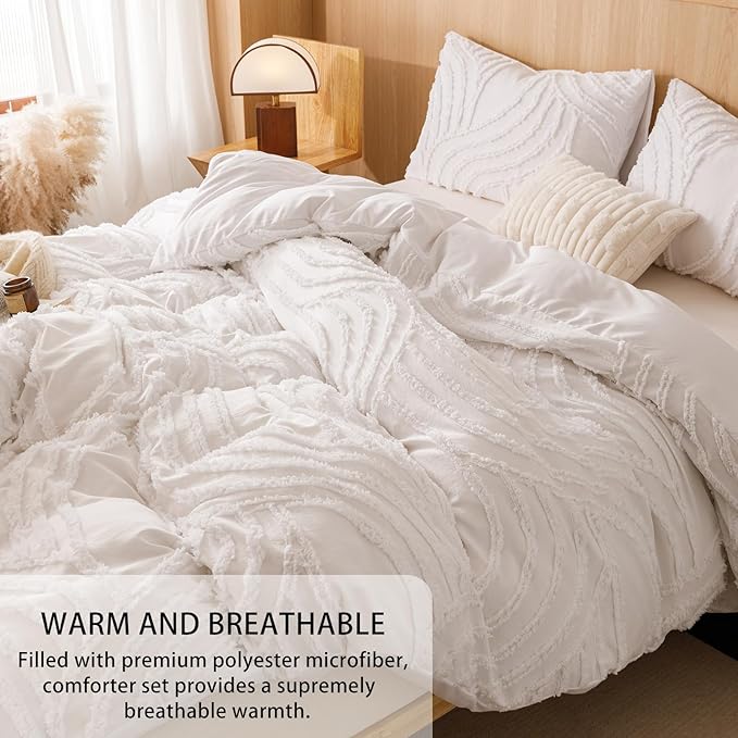 Ivory Twin Comforter Set - 7 Pieces Bed in a Bag, Premium Comforters Twin Size Bed Set Tufted Shabby Chic Bedding Comforter Set with Flat Sheet, Fitted Sheet and Pillowcases,White