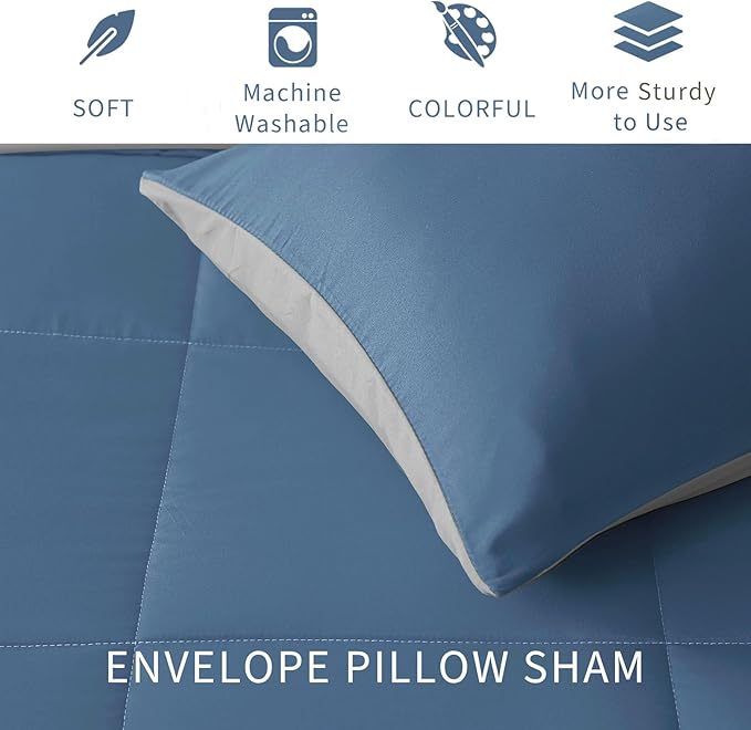 Exclusivo Mezcla Lightweight Reversible Full Queen Size Comforter Set, Down Alternative Comforter with 2 Pillow Sham, Full Queen Size Bedding Set for All Seasons, Bluish Grey
