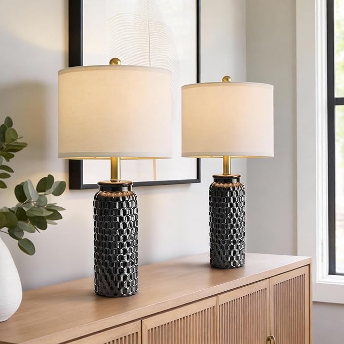 24" Modern Ceramic Black Bedside Lamp Set of 2 Table Lamp for Bedroom Decor Farmhouse Table Lamp for Living Room Office Dorm