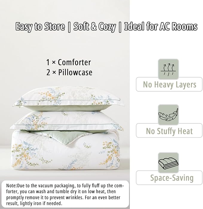 White Cotton Comforter Queen Size 3Pcs - Blue Branches & Orange and Green Buds on White, Chevron Sage Green Back, Reversible Lightweight Bedding Sets with Soft Fill(Queen, 90"×90")