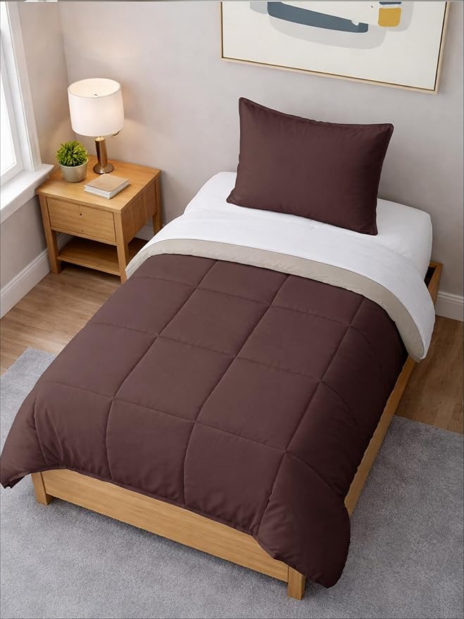 Twin Comforter Set - 2 Piece Bed Set for All Seasons - 1 Soft Quilted Comforter with Corner Tabs & 1 Pillow Sham - Comfy and Breathable - Premium Down Duvet Insert - Oeko-TEX - Twin Size, Brown/Beige