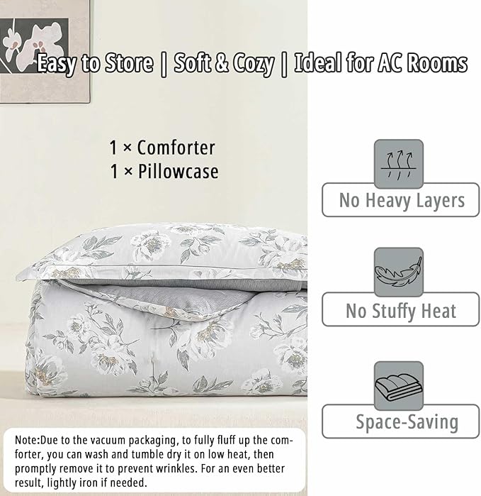 Floral Cotton Comforter Twin Size - Light Grey Comforter Printed with Vintage Ivory Flowers & Dark Yellow Stamens,Reversible Lightweight Bedding Sets 2Pcs(68"×90")