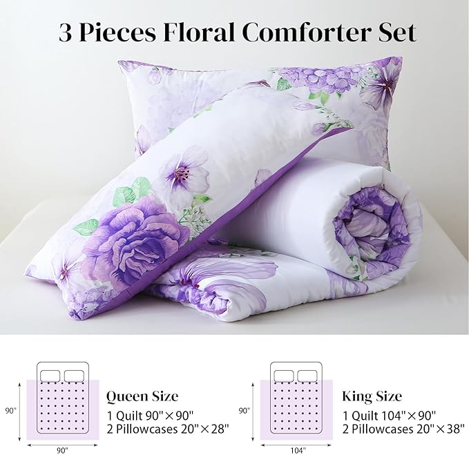 Floral Comforter Set Queen Size, 3 Pieces Elegant Purple Floral Bed in a Bag, Soft Microfiber Botanical Flower Bedding Set with 2 Pillowcases for All Season 90"×90"