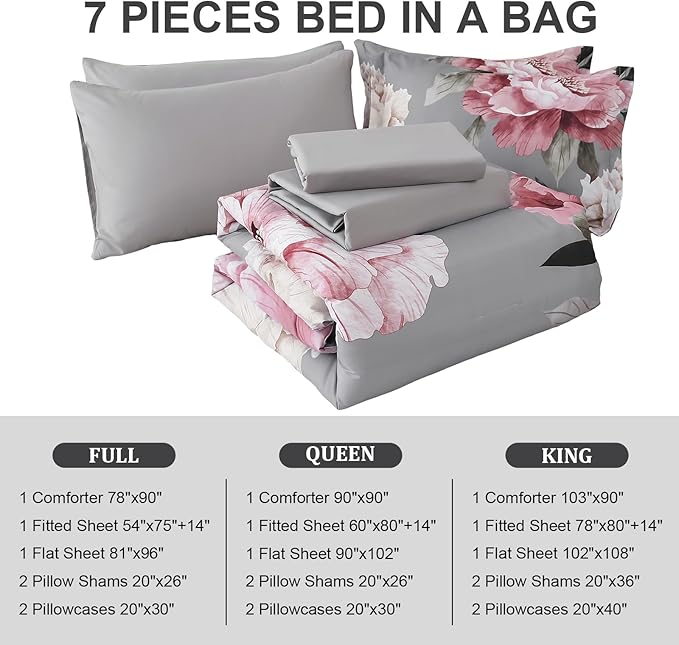 Dobuyly Pink and Grey Comforter Set King Size 7 Piece Bed in a Bag, Floral Printed on Gray Comforter Set with Sheets, Soft Microfiber Botanical Complete Bedding Set for All Season