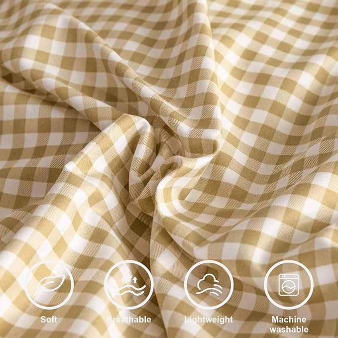 ETDIFFE Brown Comforter Set Queen Size, 3 Piece Tan Gingham Grid Bed Set - Soft and Lightweight Buffalo Checkered Plaid Microfiber Down Alternative Comforter (90x90)