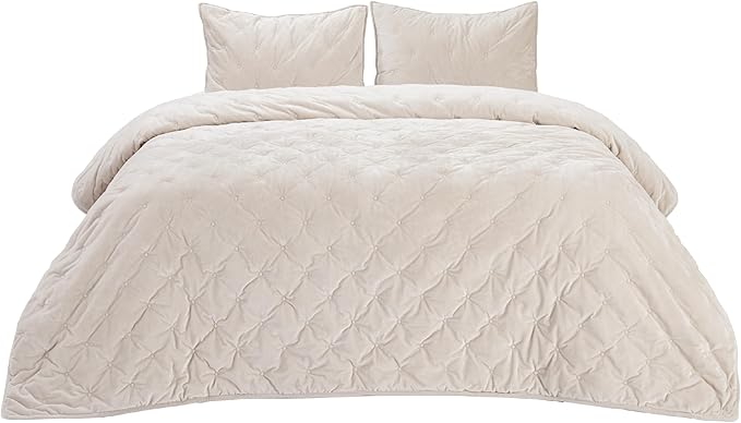 Bedsure Velvet Fleece Comforter Set Queen, Beige Lightweight Quilted Bedding Set, Soft Warm Blanket for All Season, 3 Pieces, 1 Comforter (90" x 90") and 2 Pillow Shams (20" x 26")