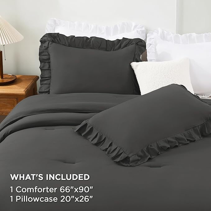 Andency Dark Grey Twin Size Comforter Set(66x90Inch), 2 Pieces(1 Ruffle Comforter and 1 Pillowcase) Lightweight Fluffy Bedding Comforter Sets, All Season Soft Microfiber Bedding Set