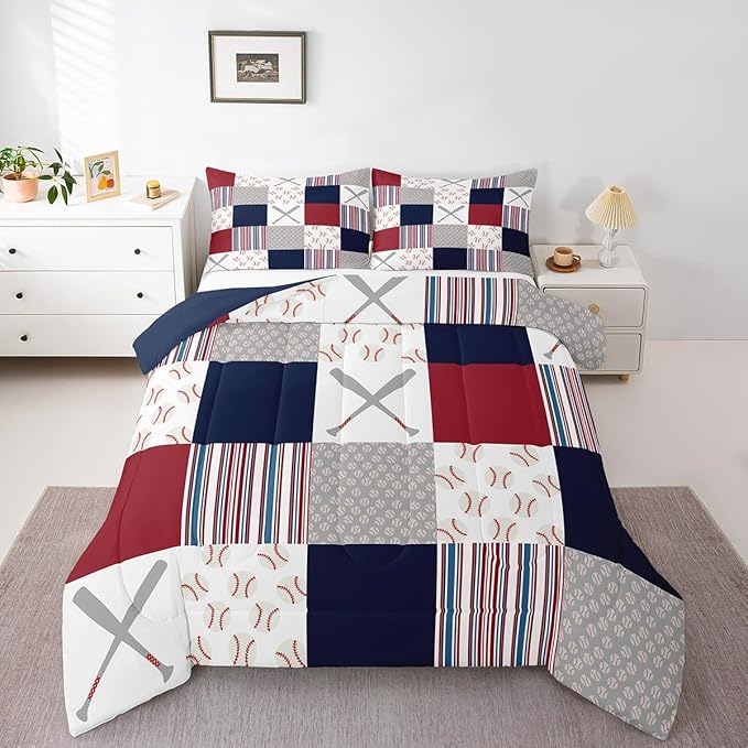 Feelyou Baseball Comforter Set Queen Size Sports Game Comforter Baseball Gaming Bedding Set Gift for Baseball Lover Duvet Set Room Decor White Navy Quilt Set