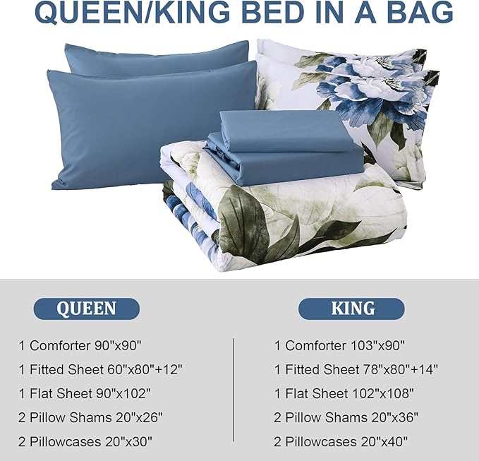 Dobuyly Blue King Size Comforter Set 7 Piece Bed in a Bag King, Blue Floral Printed on Light Blue Comforter Set with Sheets, Soft Microfiber Botanical Complete Bedding Set for All Season