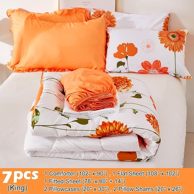 EVENHUG King Comforter Set 7 Pieces Lightweight Soft King Size Comforters for All Season Orange Sunflower Floral Bedding Sets Bed in a Bag with Flat Sheet and Fitted Sheet Pillowcases