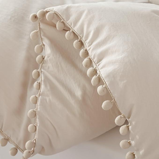 YIRDDEO King Size Comforter Set - King Size Comforter with Ball Pom Fringe, Soft King Bedding Set for All Seasons - 3 Pieces, 1 Comforter (104"x90"inches) & 2 Pillow Shams(20"x36"), Beige