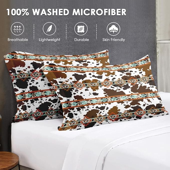 King Size Comforter Set with 2 Pillowcases, Vintage Brown Cow Cowhide 3 Pcs Bedding for Kids and Adults, Retro Western Animal Print Soft Comforter Set for Bedroom Bed Decor