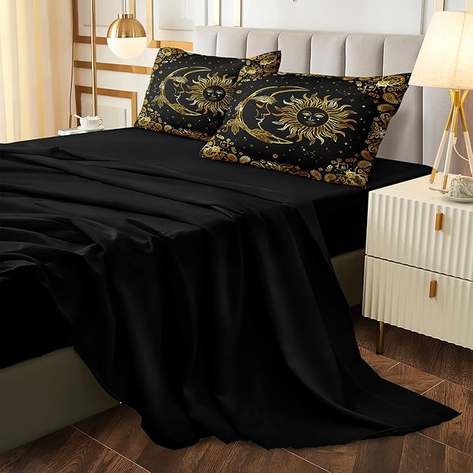 Black Gold Comforter Sets Sun and Moon Bedding Gold Stars Starry Sky Galaxy Theme Boho Chic Bedding Comforter Paisley Floral Botanical Exotic Comforter King Bed in A Bag