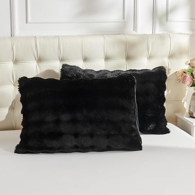 Lotus Karen Faux Fur Black Comforter King – Big Bubble Faux Rabbit Fur Winter Fluffy Comforter Sets, Warm Cozy Fuzzy Bed Set 3 Pieces, 1 Comforter and 2 Pillowcases