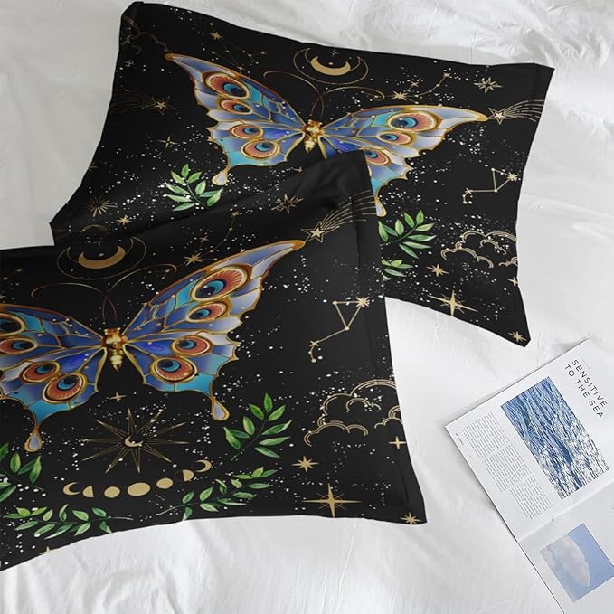 Comforter Set Full Size, Gothic Butterfly Moon 7 Pcs Bedding for Kids and Adults, Botanical Plant Leaf Bed Sheet Sets with Fitted Sheet 2 Pillowcases & 2 Shams for Bedroom Bed Decor