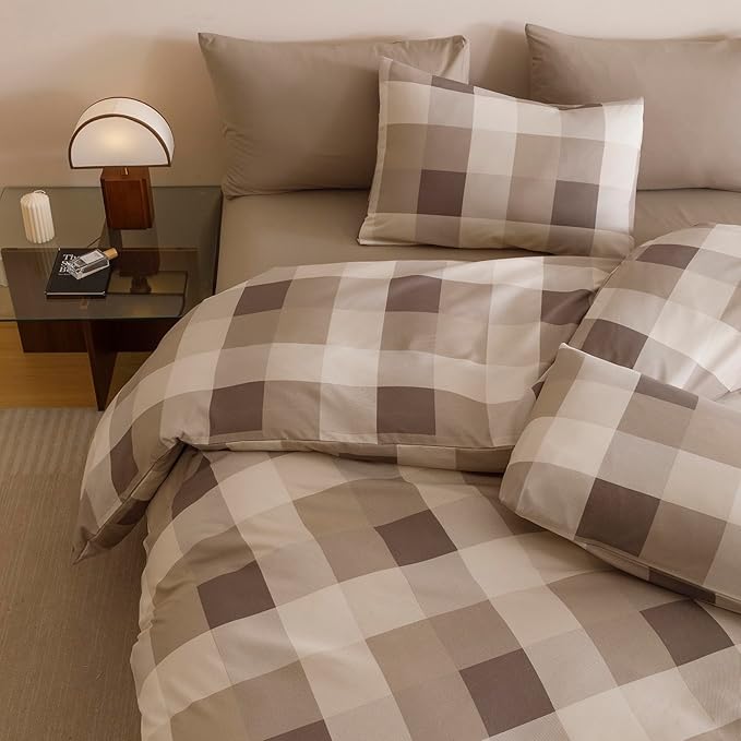 CLOTHKNOW Khaki Grey Gingham Plaid Queen Comforter Set Buffalo Check Bedding Comforter Sets Geometric Comforter Queen with 2 x Pillow Cases
