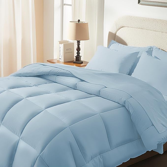 SunStyle Home Light Blue Full/Queen Comforter Set - 7 Pieces Bed in a Bag, Lightweight Goose Down Alternative Bedding Sets with All Season Comforter, 1 Flat Sheet, 1 Fitted Sheet, 4 Pillowcases