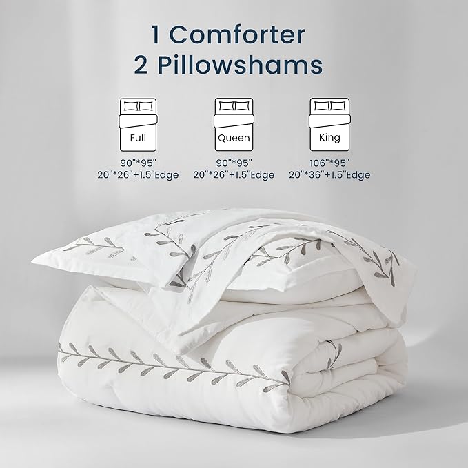 SLEEP ZONE Queen Comforter Set, Luxury Hotel Collection Comforter, 3 Pieces Fluffy Lightweight Down Alternative Duvet Insert with Embroidered Stripes (Olive Leaves, Full/Queen)