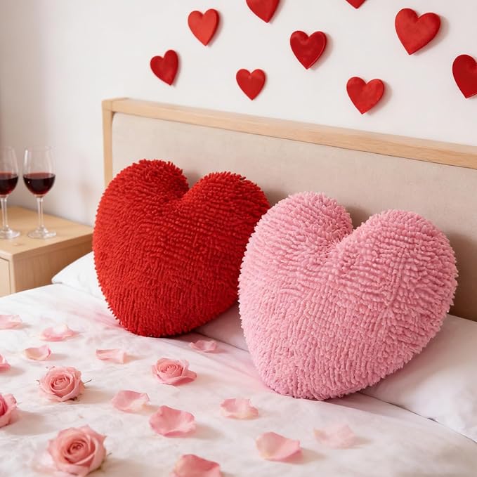 Cumule 3Pcs Valentine's Day Heart Pillows Plush Large Love Heart Pillows Red Ivory Pink Pillows for Valentines Day Living Room Bedroom Decor