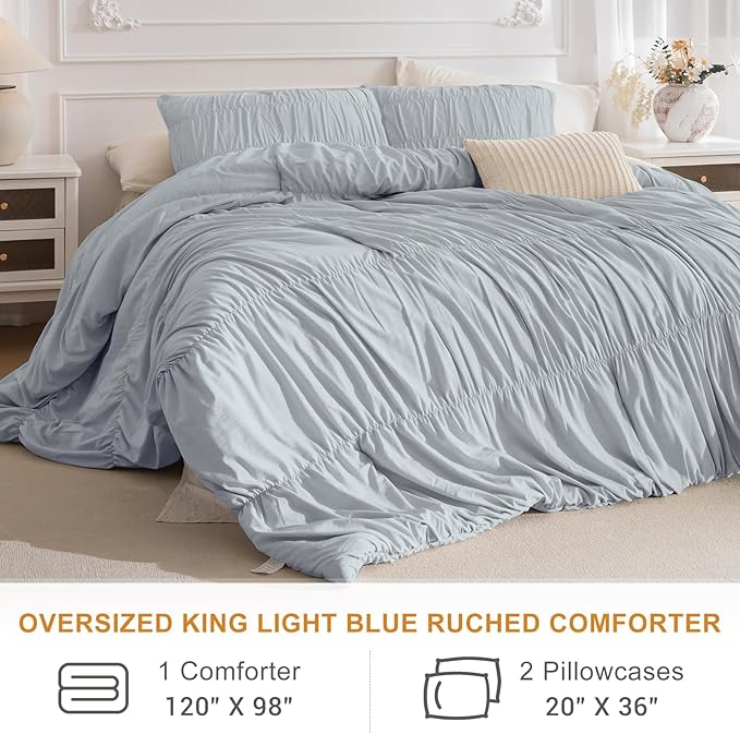 Masaca Oversized King Comforter(120"x98"),Light Blue Ruched Ruffle Bedding Comforter Set,3 Pieces Lightweight California King Farmhouse Shabby Boho Chic French Country Bedding Set for All Season