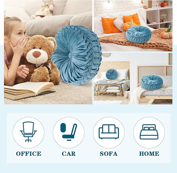 1 Pcs Round Throw Pillows Decorative Velvet Pleated Throw Pillows 15'' Diameter Accent Pumpkin Boho Chair Cushion for Couch Sofa Chair Bed Home Decoration (Dusty Blue)