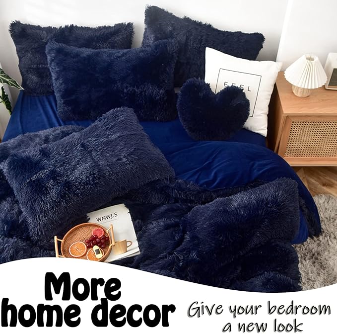 MorroMorn Fluffy Heart Throw Pillows, Shaggy Decorative Pillow for Sofa Couch Bed, Cute Room Decor Decorations for Women Girls Kids (Navy)