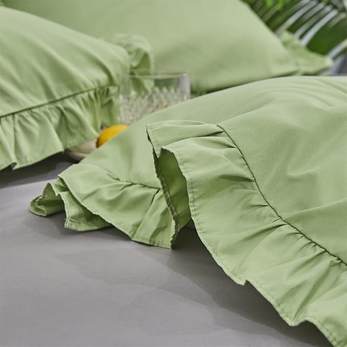 CLOTHKNOW Green Ruffles Queen Comforter Set Farmhouse Bedding Comforter Sets Soft Sage Green Comforter with 2 x Pillow Cases