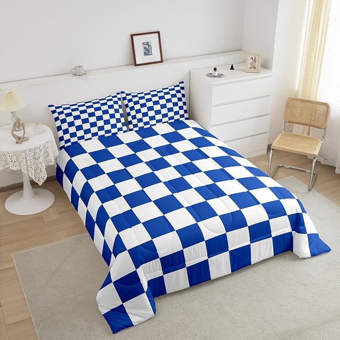 Feelyou Checkered Retro Bedding Set Teen Women Men Blue White Plaid Comforter Set Full Size Kids Boys Girls Geometric Vintage Duvet Insert Modern Simple Groovy Aesthetic Room Decor