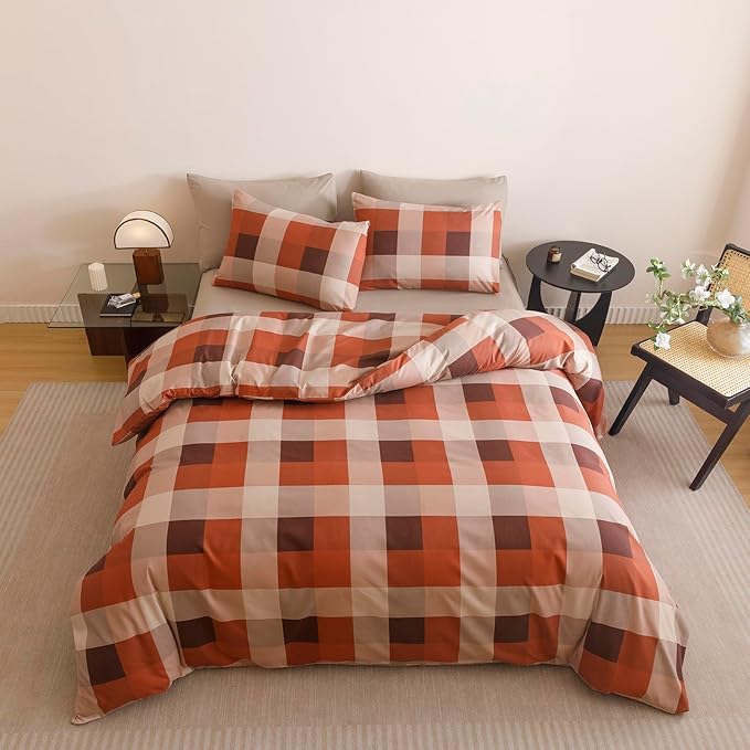 CLOTHKNOW Rust Khaki Plaid Twin Comforter Set Gingham Buffalo Bedding Comforter Sets Check Comforter Soft Lightweight Fluffy
