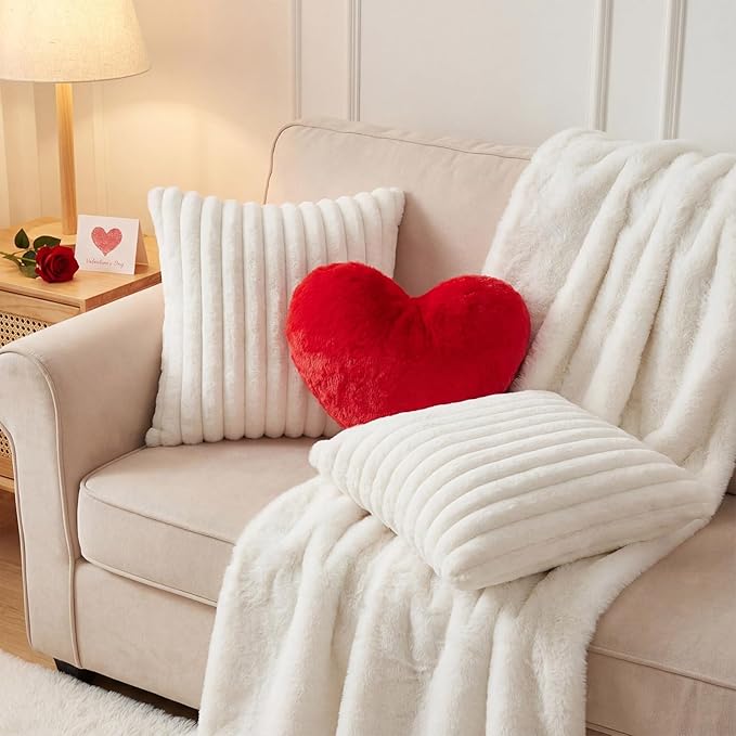 Leinuosen Set of 3 Valentine's Day Decor Heart Red Throw Pillow and 18 in Pillows Covers Faux Fur Decorative Heart Shaped Pillow Furry Stripe Pillowcase for Valentine Bed Couch Living Room Home Decor