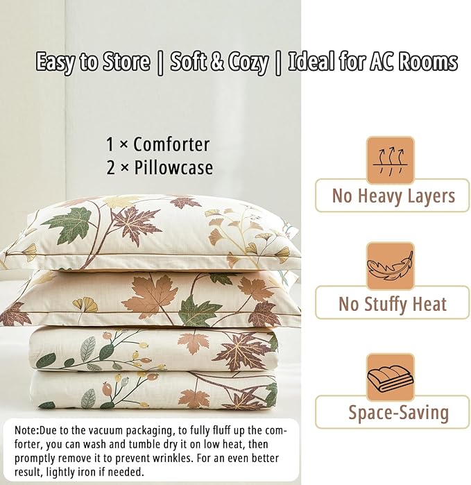 Botanical Cotton Comforter King Size - Luxurious Design with Maple Leaves and Branches on Beige, Textured Maple Orange Back, 3PC Lightweight Bedding Set with Ultra-Soft Alternative Fill