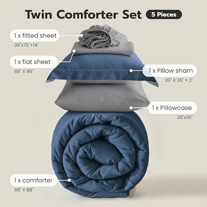 Joiedomi Twin Comforter Set with Sheets Navy Blue, 5 Pieces Twin Bedding Sets with 1 Down Alternative Comforter, 1 Flat Sheet, 1 Fitted Sheet, 1 Pillowcase and 1 Pillow Sham, Bed in a Bag All Seasons