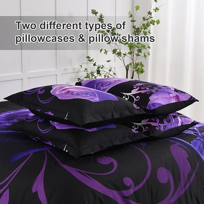 Xruibed Floral Comforter Set Full 7 Piece Bed in a Bag Purple Rose Flower Comforter with Sheet Set Soft Micorfiber Bedding Set (1 Comforter,2 Pillow Shams,1 Flat Sheet,1 Fitted Sheet,2 Pillowcases)
