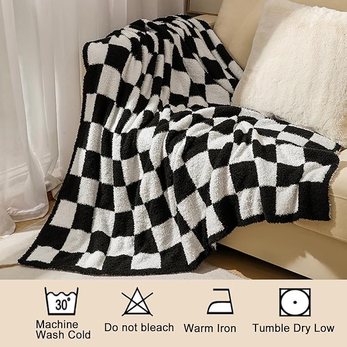 MorroMorn Checkered Blanket for Couch Bed Sofa Chair, Black Throw Blanket 2-Layers Soft Cozy Fleece Plaid Blankets Checkerboard Grid - Fluffy Fuzzy Plush Warm Home Decor, 60x80 inches