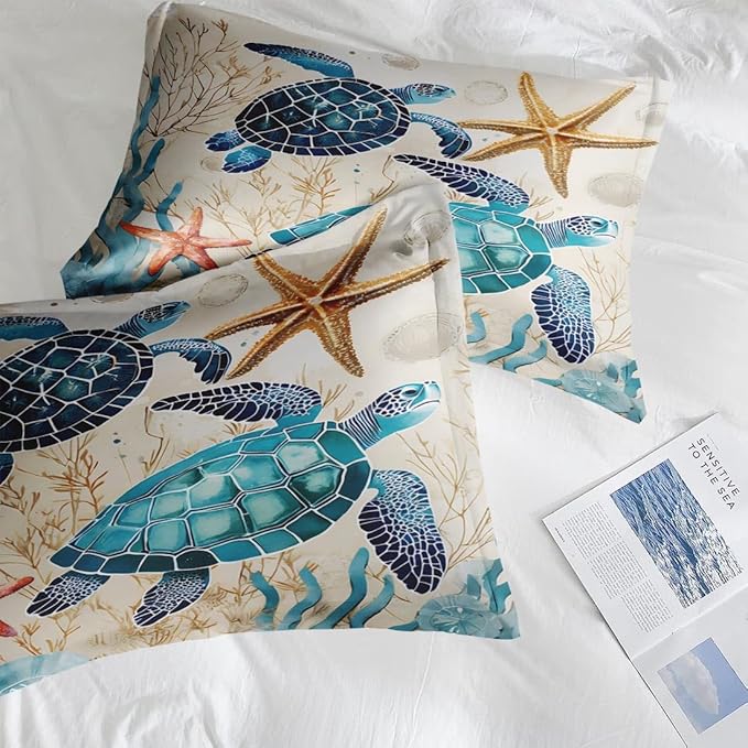 Comforter Set King Size, Ocean Coral Sea Turtle 7 Pcs Bedding for Kids and Adults, Blue Shell Animal Bed Sheet Sets with Fitted Sheet 2 Pillowcases & 2 Shams for Bedroom Bed Decor