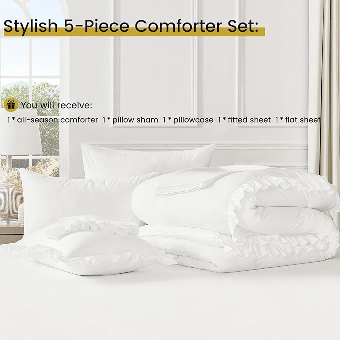 QUIETSEA Twin Bed in a Bag 5 Pieces Comforter Set Twin, Ruffle Shabby Chic Bedding Comforter Set White Bed Set with Comforter, Pillowcase, Flat Sheet, Fitted Sheet and Pillow Sham