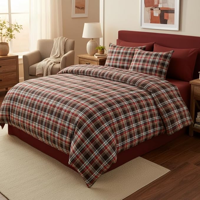 Nayoroom Plaid Comforter Set Queen Size Vintage Red Brown Gingham Checkered Tartan Comforter 3 Pieces Soft Lightweight Farmhouse Dorm Bedding Set for All Seasons
