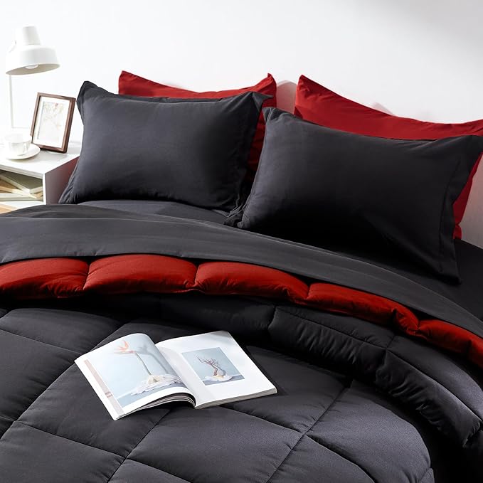 COZYART Queen Comforter Set 7 Pcs, Black and Red Bed in a Bag, All Season Lightweight Soft Reversible Bedding Sets, 1 Comforter, 1 Flat Sheet, 1 Fitted Sheet, 2 Pillow Shams, 2 Pillowcases
