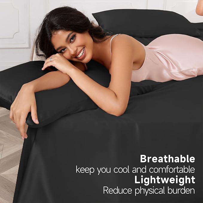 THXSILK Luxury Mulberry Silk Bed Sheets Set - 4pcs Silk Sheets Set 16" Deep Pocket - 1 Fitted Sheet, 1 Flat Sheet, 2 Pillowcases with Zipper Closure - Queen, Black