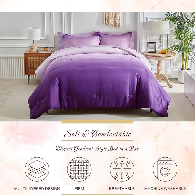 Purple and Lilac Gradient Comforter Set King Size 7 Pieces Elegant Ombre Bed in a Bag - Reversible All Season Bedding Set with Comforter, Flat Sheet, Fitted Sheet, 2 Pillowcases & 2 Pillow Shams